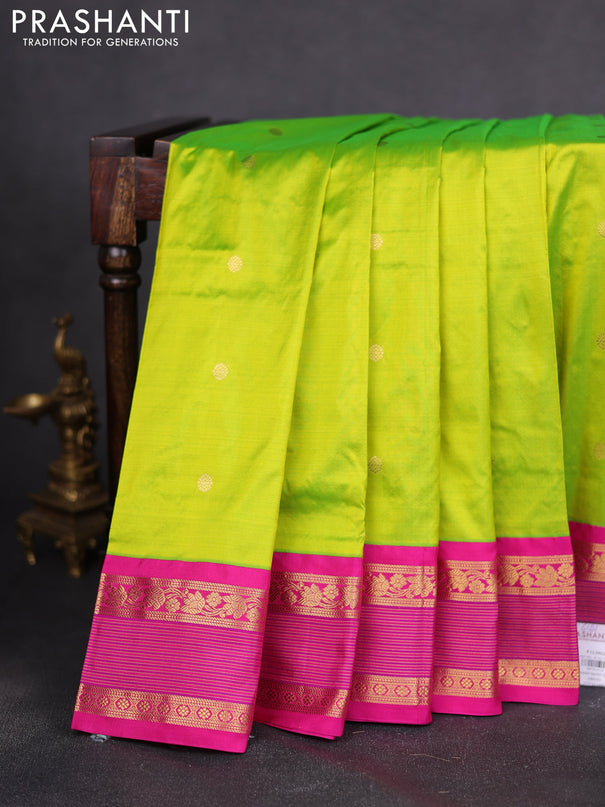 Narayanpet silk saree light green and pink with zari woven buttas and rettapet zari woven korvai border