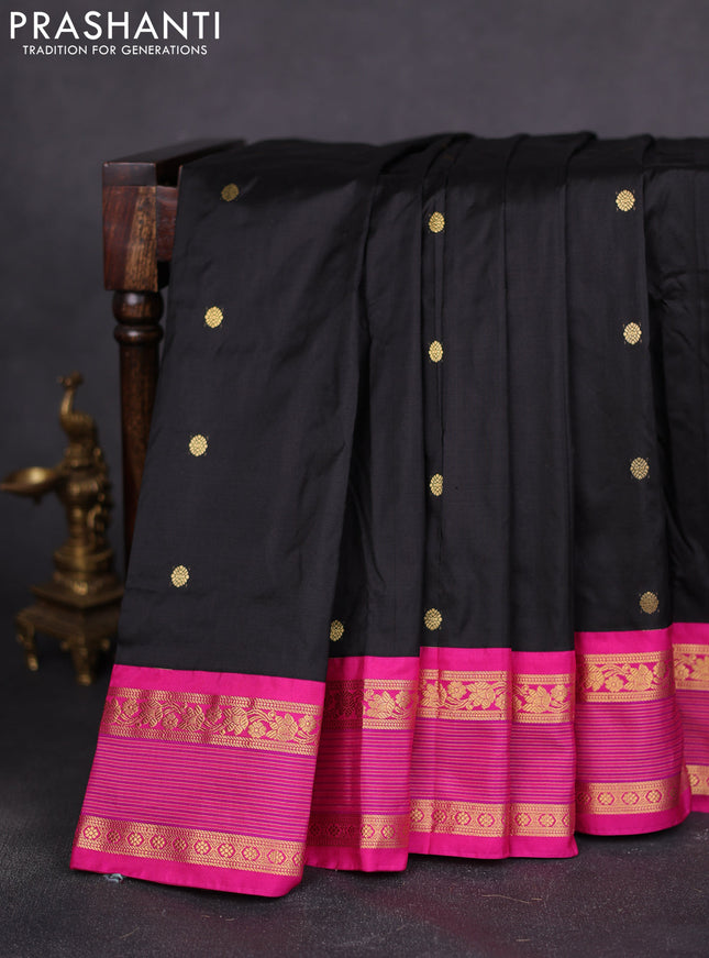 Narayanpet silk saree black and pink with zari woven buttas and rettapet zari woven korvai border