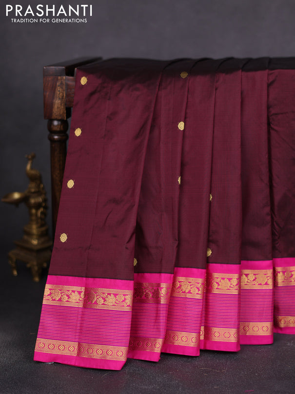 Narayanpet silk saree coffee brown and pink with zari woven buttas and rettapet zari woven korvai border