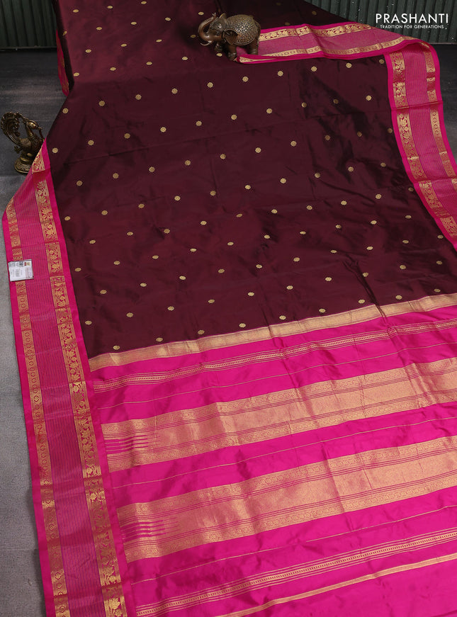 Narayanpet silk saree coffee brown and pink with zari woven buttas and rettapet zari woven korvai border