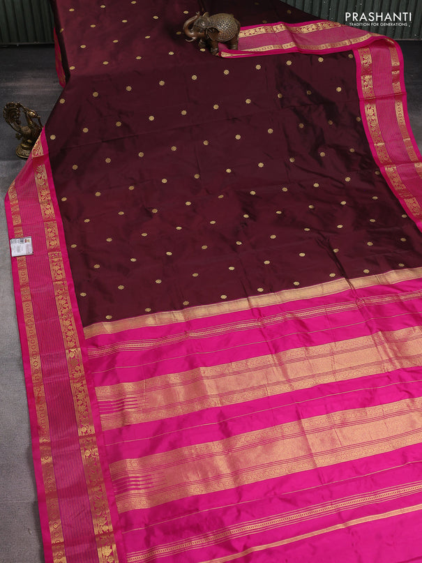 Narayanpet silk saree coffee brown and pink with zari woven buttas and rettapet zari woven korvai border