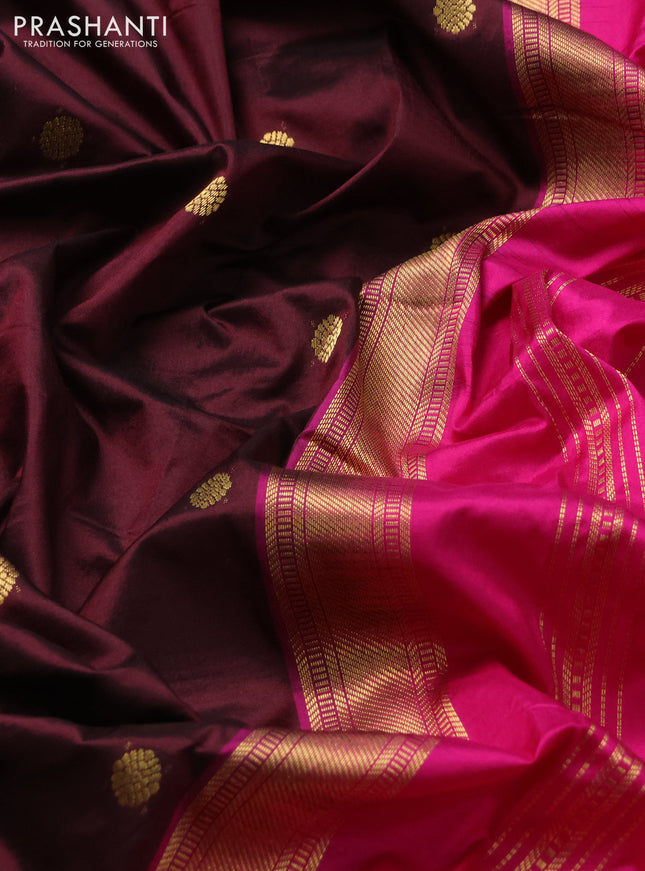 Narayanpet silk saree coffee brown and pink with zari woven buttas and rettapet zari woven korvai border