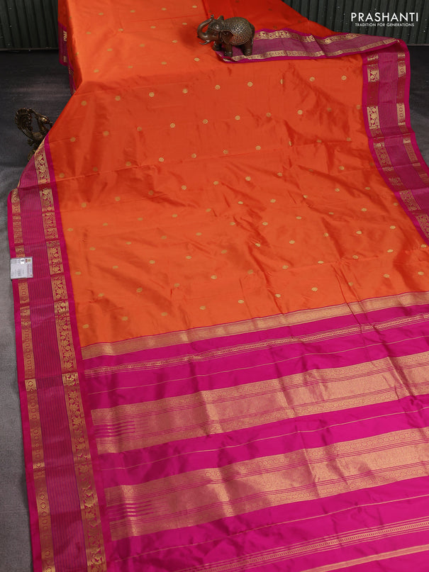 Narayanpet silk saree orange and pink with zari woven buttas and rettapet zari woven korvai border