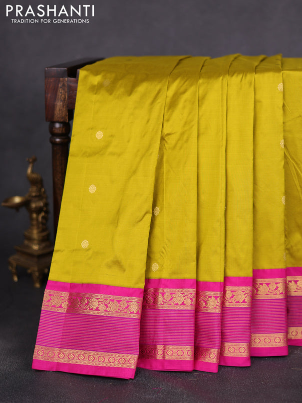 Narayanpet silk saree mustard green and pink with zari woven buttas and rettapet zari woven korvai border