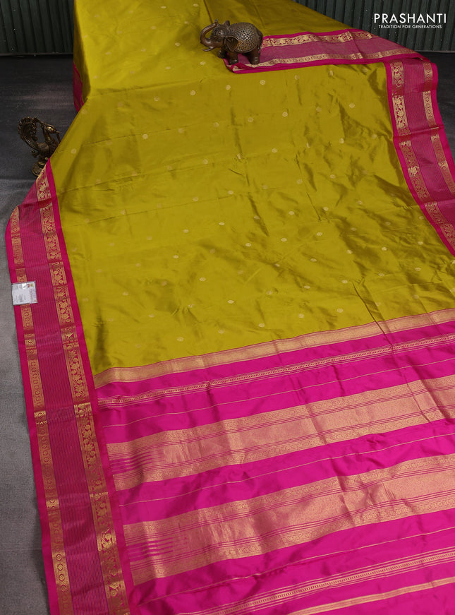 Narayanpet silk saree mustard green and pink with zari woven buttas and rettapet zari woven korvai border