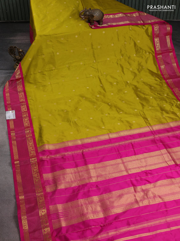 Narayanpet silk saree mustard green and pink with zari woven buttas and rettapet zari woven korvai border
