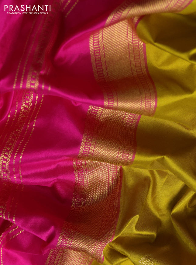 Narayanpet silk saree mustard green and pink with zari woven buttas and rettapet zari woven korvai border