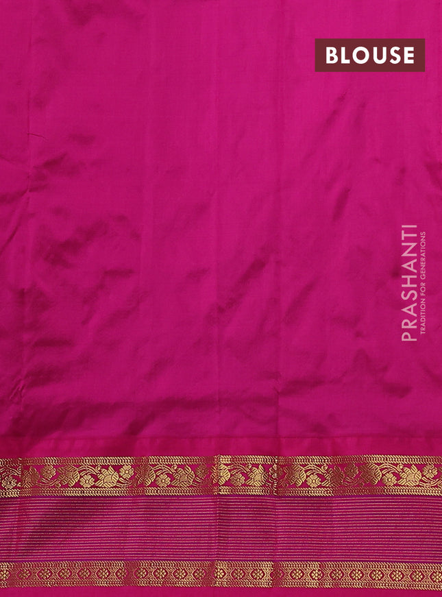 Narayanpet silk saree mustard green and pink with zari woven buttas and rettapet zari woven korvai border