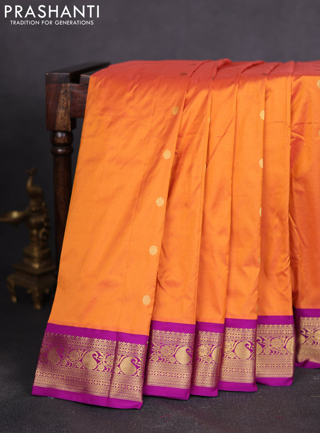 Narayanpet silk saree dual shade of orange and purple with zari woven buttas and paisley zari woven korvai border