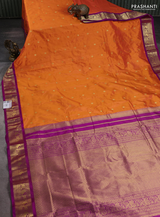 Narayanpet silk saree dual shade of orange and purple with zari woven buttas and paisley zari woven korvai border