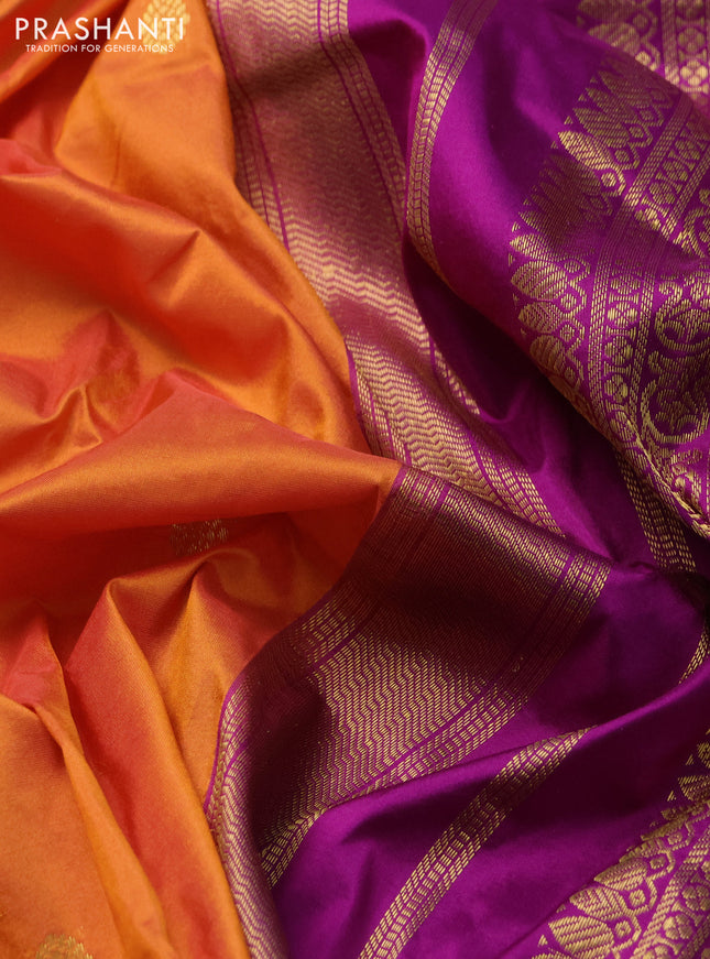Narayanpet silk saree dual shade of orange and purple with zari woven buttas and paisley zari woven korvai border