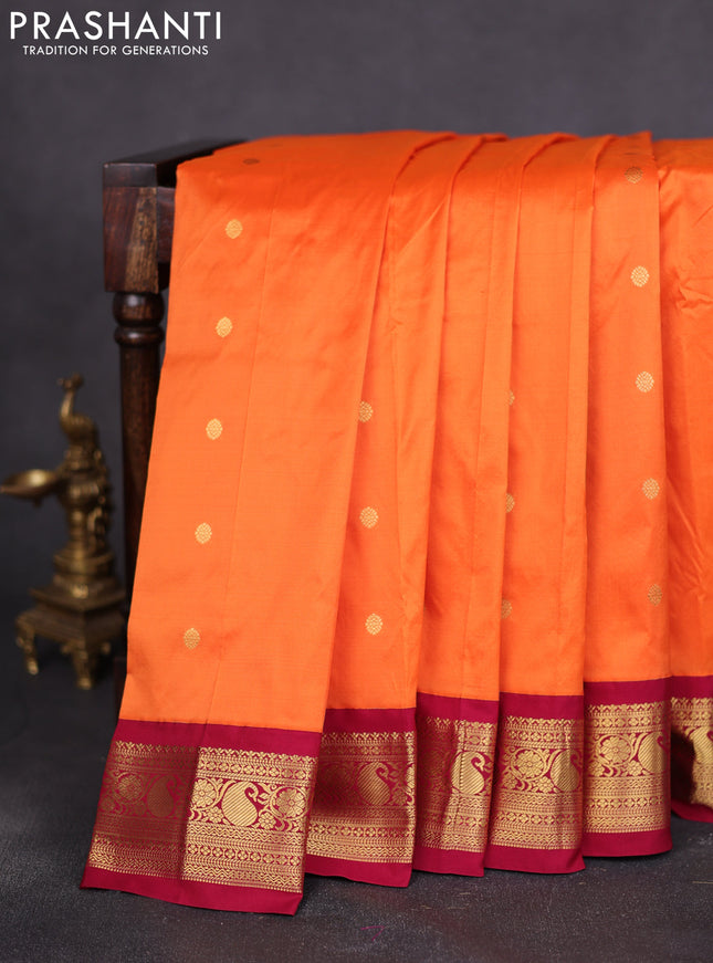 Narayanpet silk saree orange and maroon with zari woven buttas and paisley zari woven korvai border