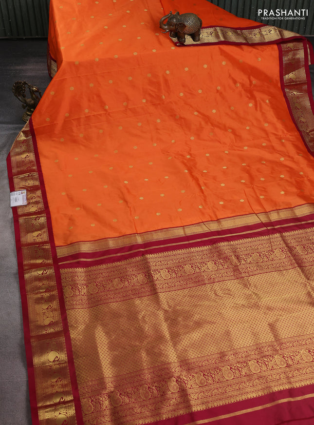 Narayanpet silk saree orange and maroon with zari woven buttas and paisley zari woven korvai border