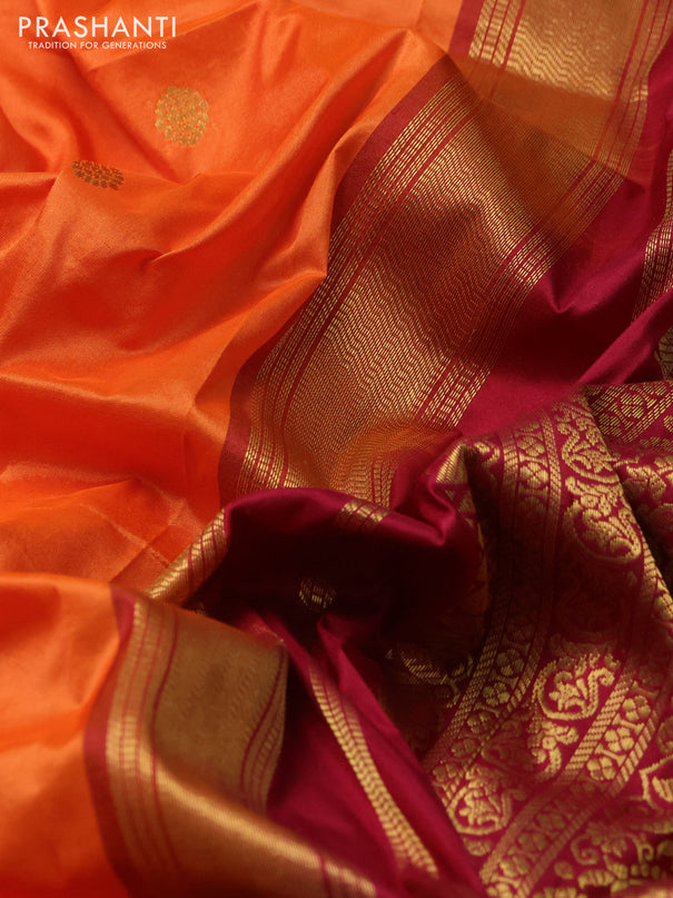 Narayanpet silk saree orange and maroon with zari woven buttas and paisley zari woven korvai border