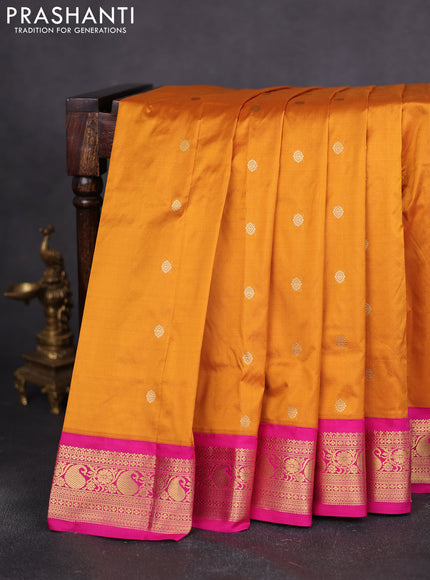 Narayanpet silk saree mustard yellow and pink with zari woven buttas and paisley zari woven border