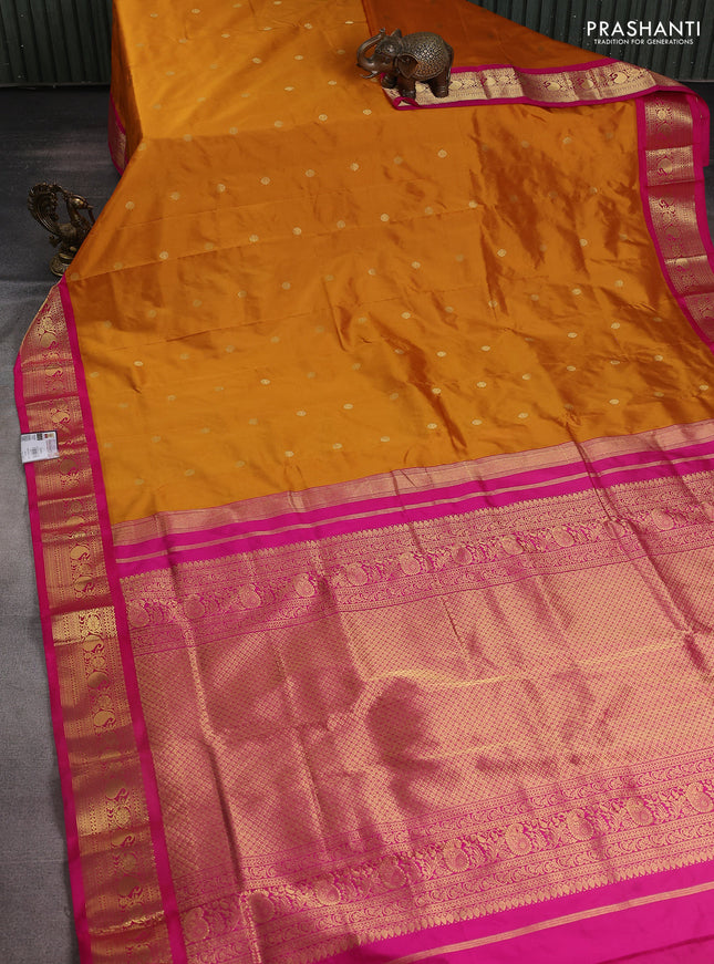 Narayanpet silk saree mustard yellow and pink with zari woven buttas and paisley zari woven border