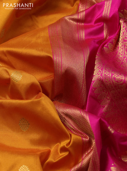Narayanpet silk saree mustard yellow and pink with zari woven buttas and paisley zari woven border