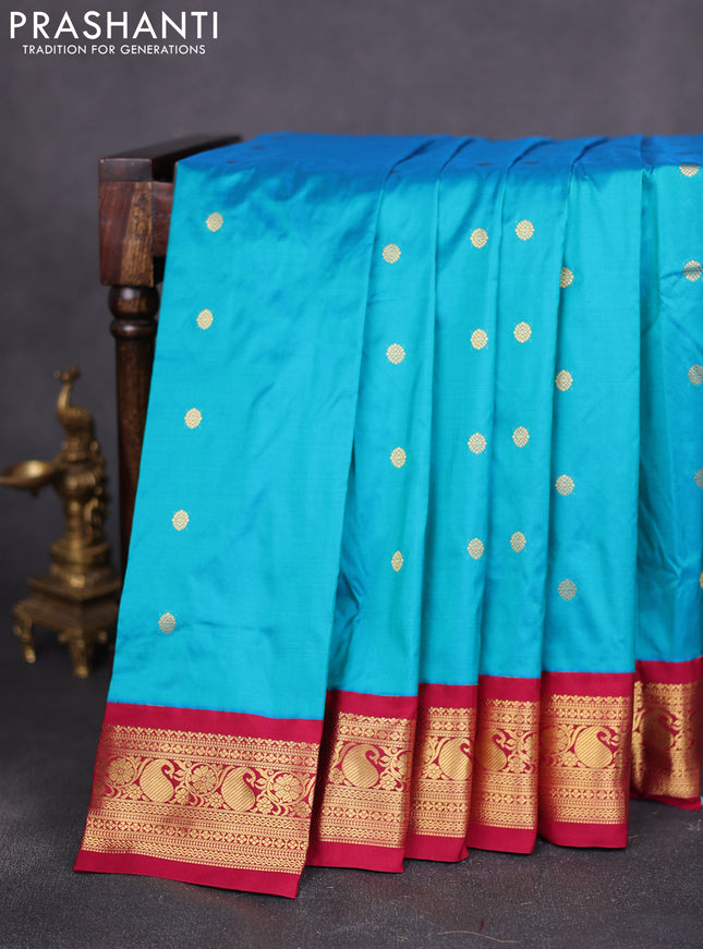 Narayanpet silk saree teal blue and maroon with zari woven buttas and paisley zari woven border
