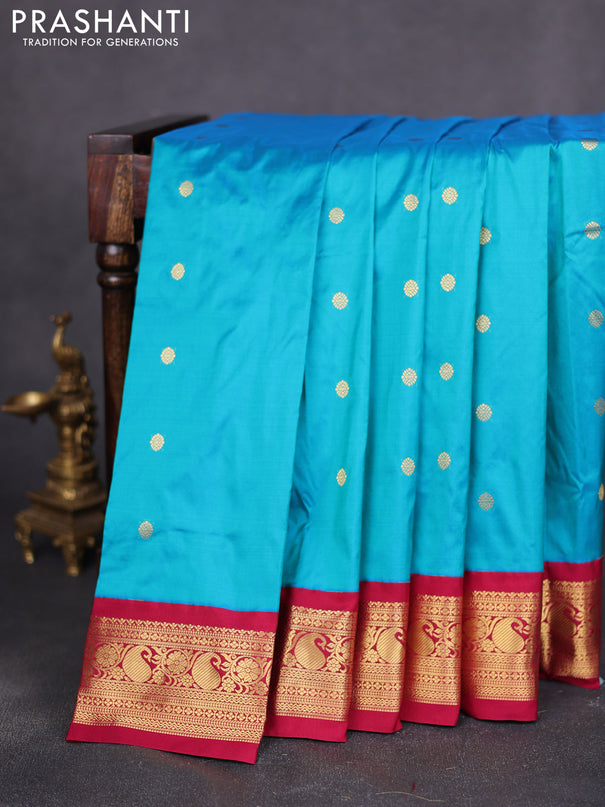Narayanpet silk saree teal blue and maroon with zari woven buttas and paisley zari woven border