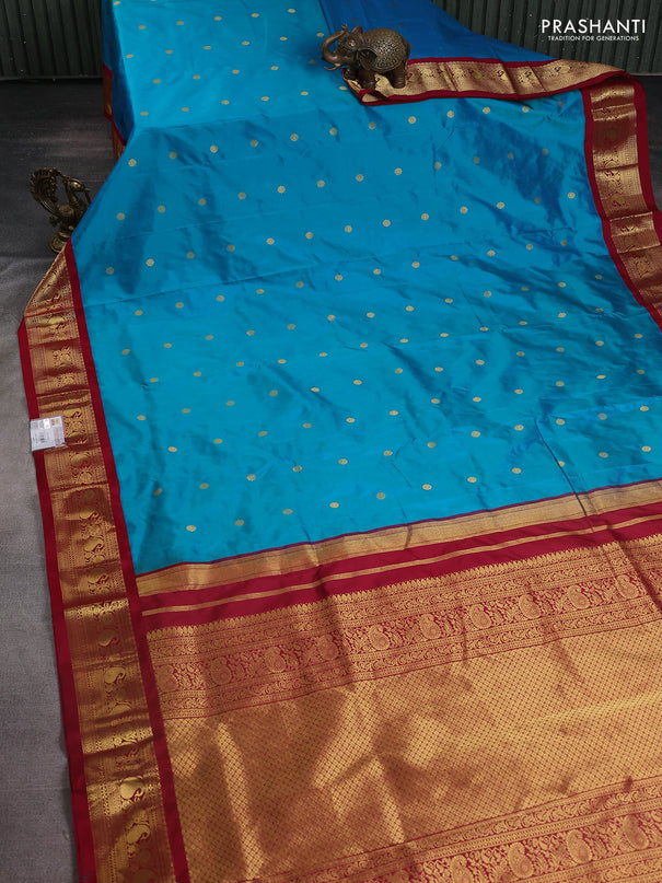 Narayanpet silk saree teal blue and maroon with zari woven buttas and paisley zari woven border