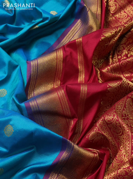 Narayanpet silk saree teal blue and maroon with zari woven buttas and paisley zari woven border