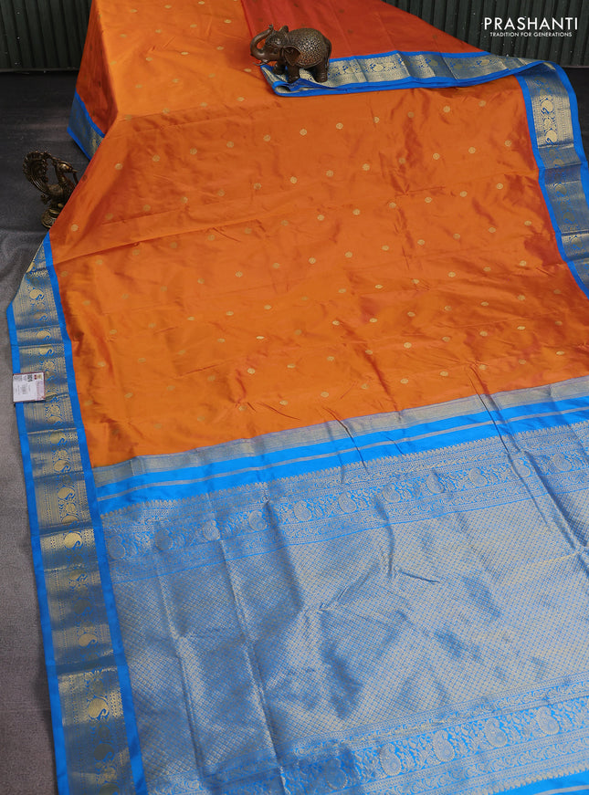 Narayanpet silk saree dual shade of orange and cs blue with zari woven buttas and paisley zari woven border
