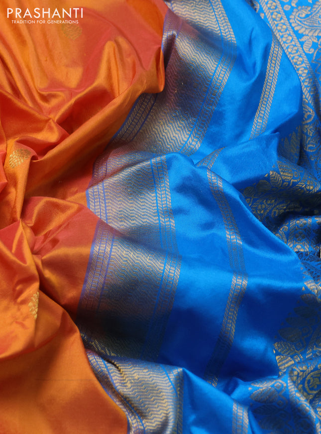 Narayanpet silk saree dual shade of orange and cs blue with zari woven buttas and paisley zari woven border