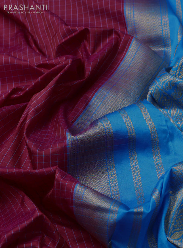 Narayanpet silk saree pink and cs blue with allover small checked pattern and rettapet annam zari woven korvai border