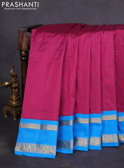 Narayanpet silk saree dark magenta and cs blue with allover small checked pattern and rettapet annam zari woven korvai border