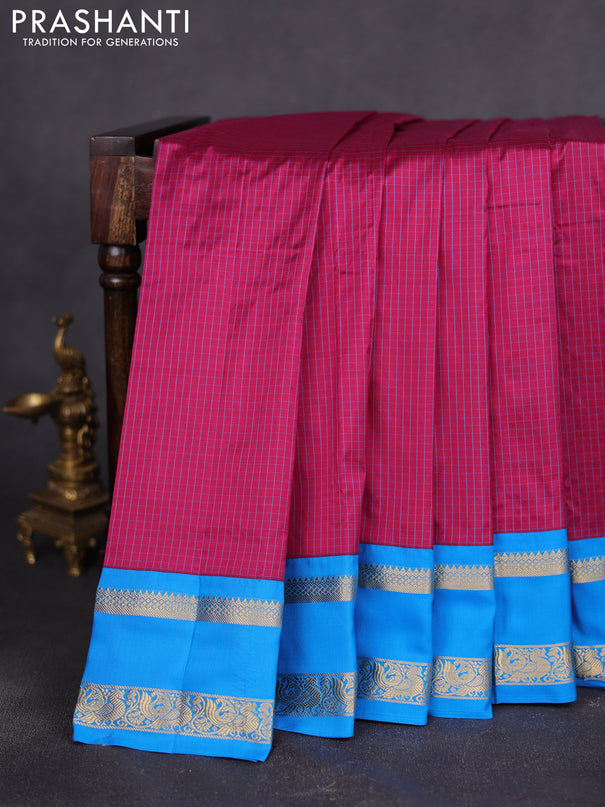 Narayanpet silk saree dark magenta and cs blue with allover small checked pattern and rettapet annam zari woven korvai border