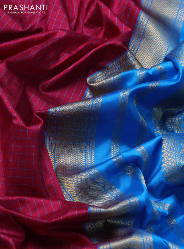 Narayanpet silk saree dark magenta and cs blue with allover small checked pattern and rettapet annam zari woven korvai border