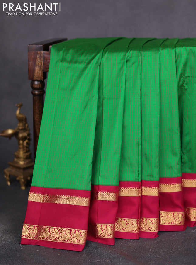 Narayanpet silk saree green and maroon with allover small checked pattern and rettapet annam zari woven korvai border