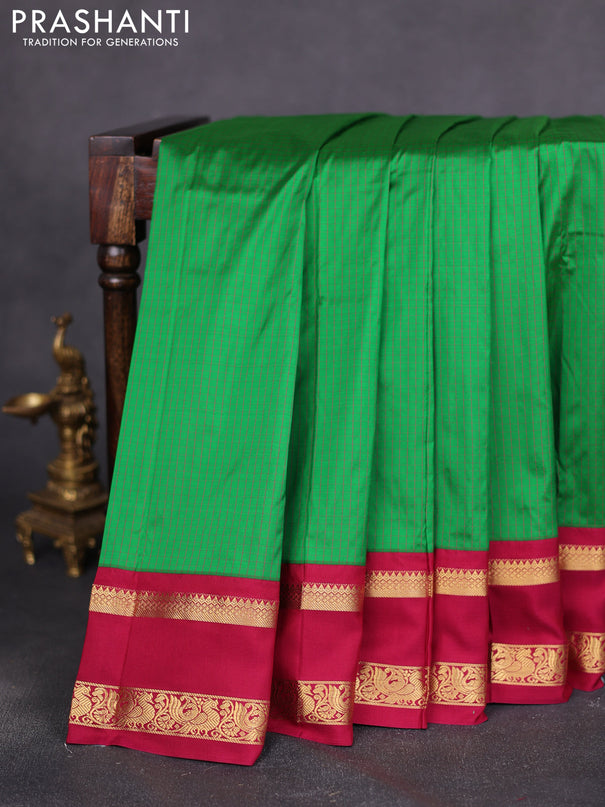 Narayanpet silk saree green and maroon with allover small checked pattern and rettapet annam zari woven korvai border