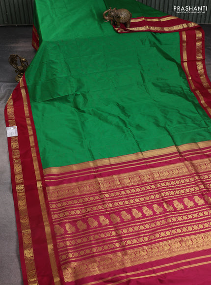 Narayanpet silk saree green and maroon with allover small checked pattern and rettapet annam zari woven korvai border