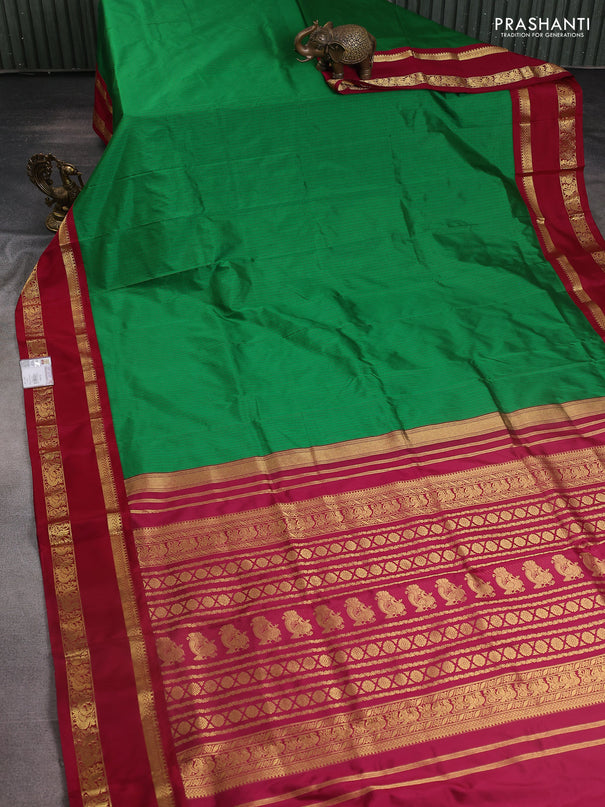 Narayanpet silk saree green and maroon with allover small checked pattern and rettapet annam zari woven korvai border