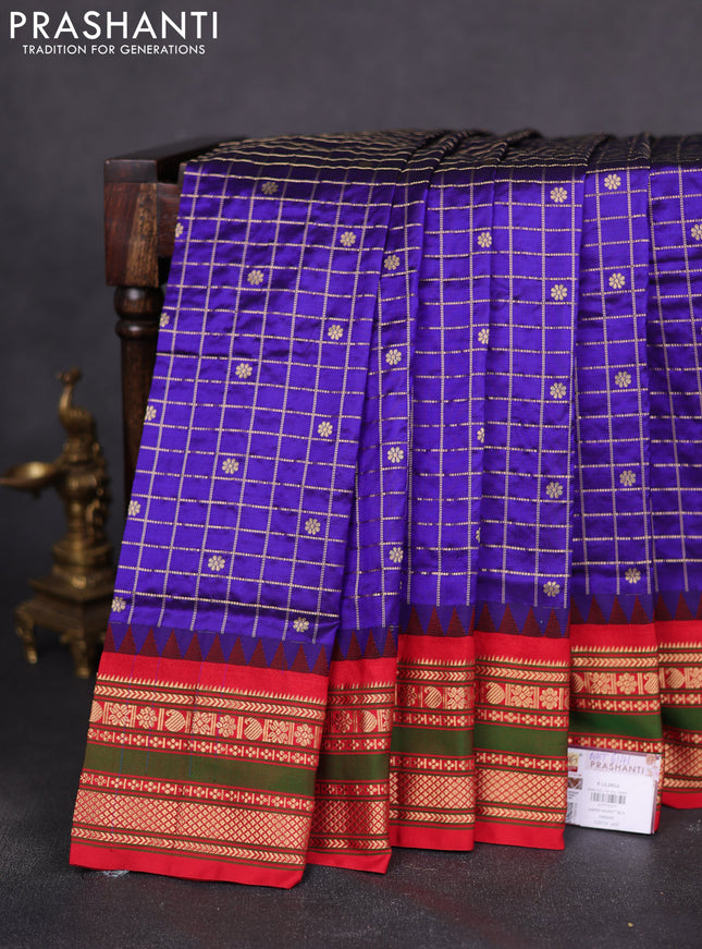 Narayanpet silk saree blue and red with allover checked pattern & buttas and rettapet zari woven border