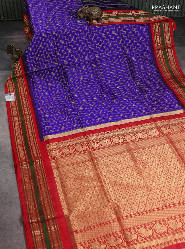 Narayanpet silk saree blue and red with allover checked pattern & buttas and rettapet zari woven border