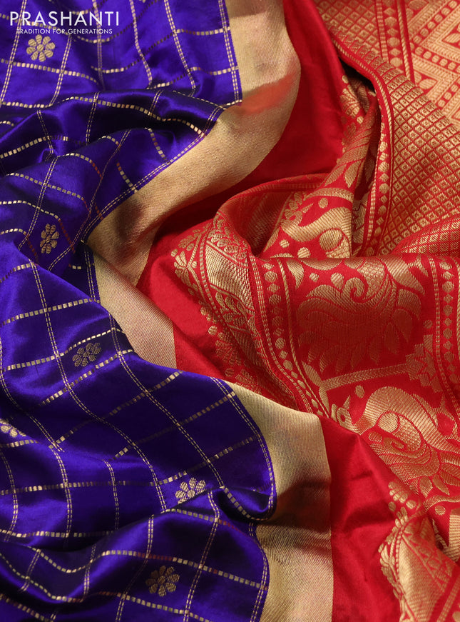 Narayanpet silk saree blue and red with allover checked pattern & buttas and rettapet zari woven border