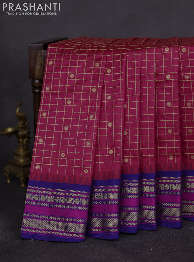 Narayanpet silk saree redish pink and blue with allover checked pattern & buttas and rettapet zari woven border