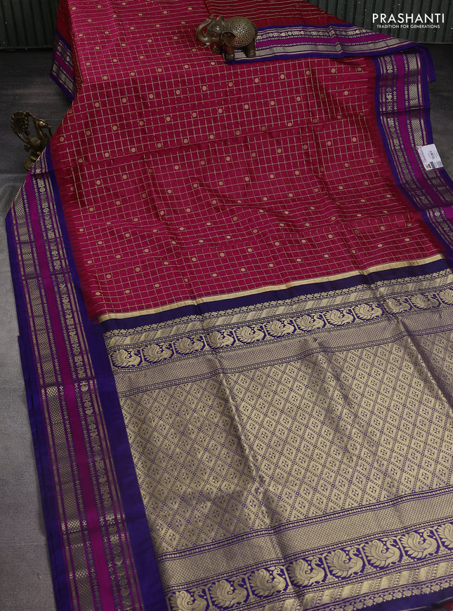 Narayanpet silk saree redish pink and blue with allover checked pattern & buttas and rettapet zari woven border