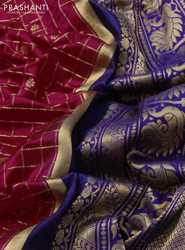 Narayanpet silk saree redish pink and blue with allover checked pattern & buttas and rettapet zari woven border