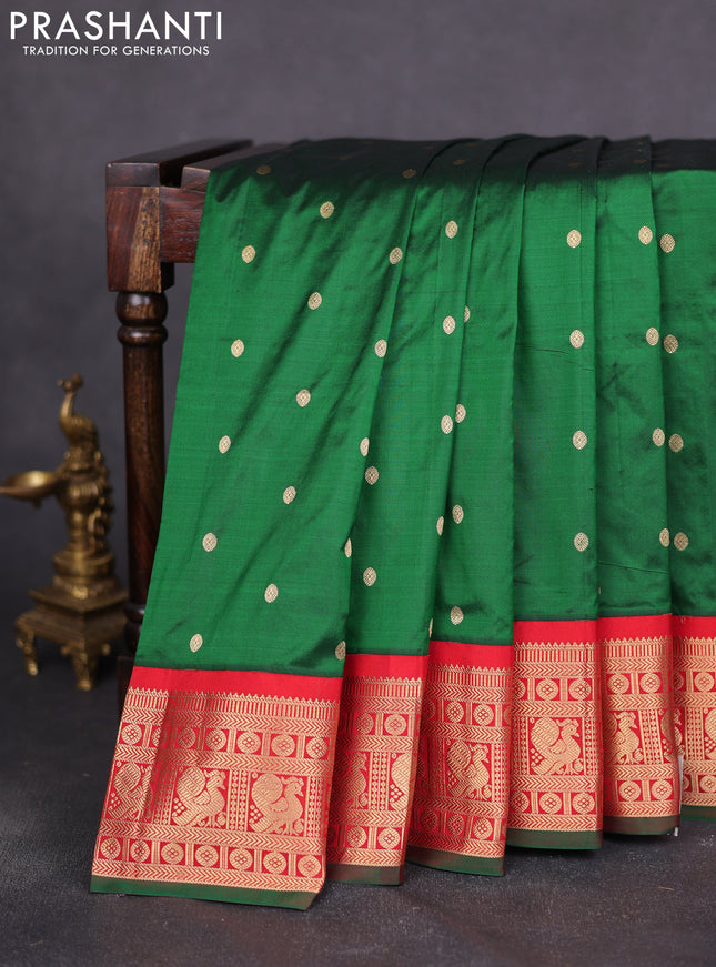 Narayanpet silk saree bottle green and red with allover zari woven buttas and annam zari woven butta korvai border
