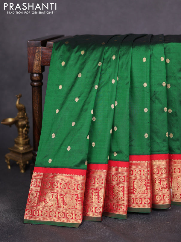 Narayanpet silk saree bottle green and red with allover zari woven buttas and annam zari woven butta korvai border