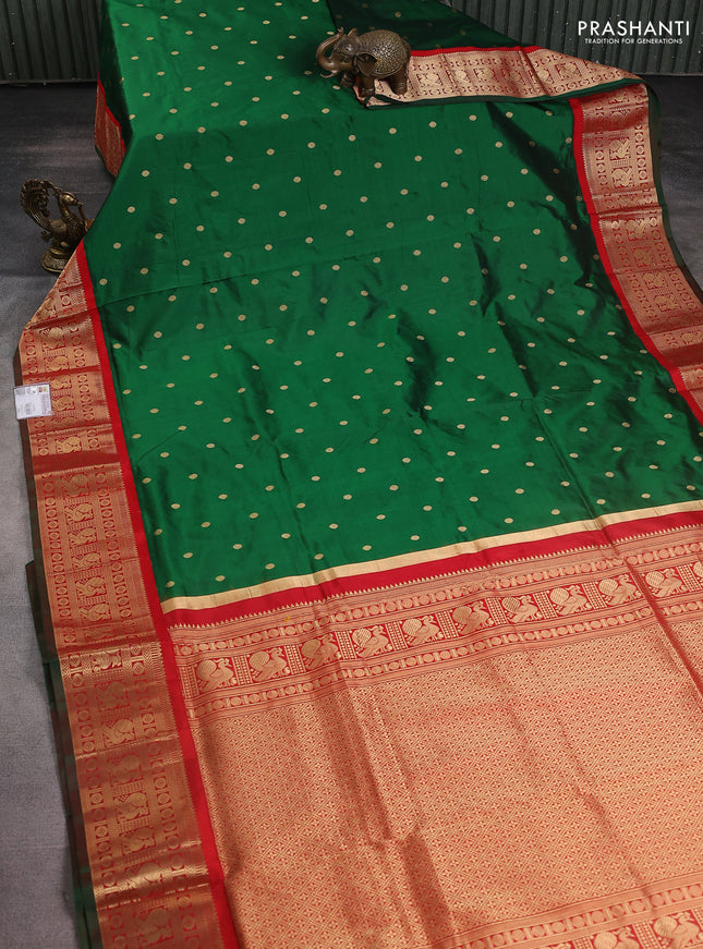 Narayanpet silk saree bottle green and red with allover zari woven buttas and annam zari woven butta korvai border