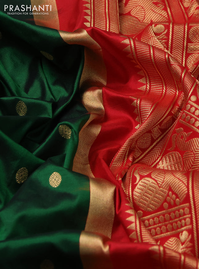Narayanpet silk saree bottle green and red with allover zari woven buttas and annam zari woven butta korvai border