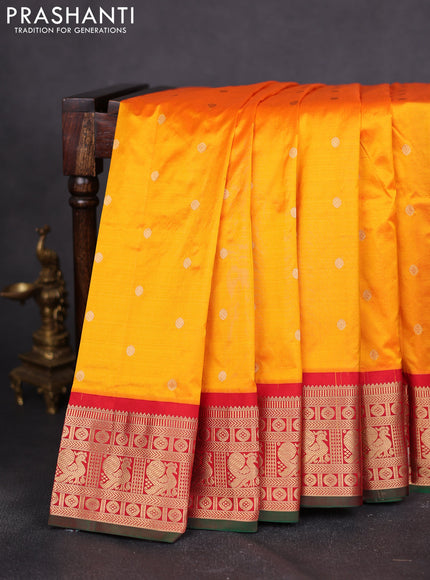Narayanpet silk saree mango yellow and red with allover zari woven buttas and annam zari woven butta korvai border