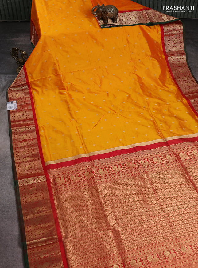 Narayanpet silk saree mango yellow and red with allover zari woven buttas and annam zari woven butta korvai border