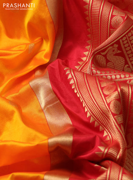 Narayanpet silk saree mango yellow and red with allover zari woven buttas and annam zari woven butta korvai border