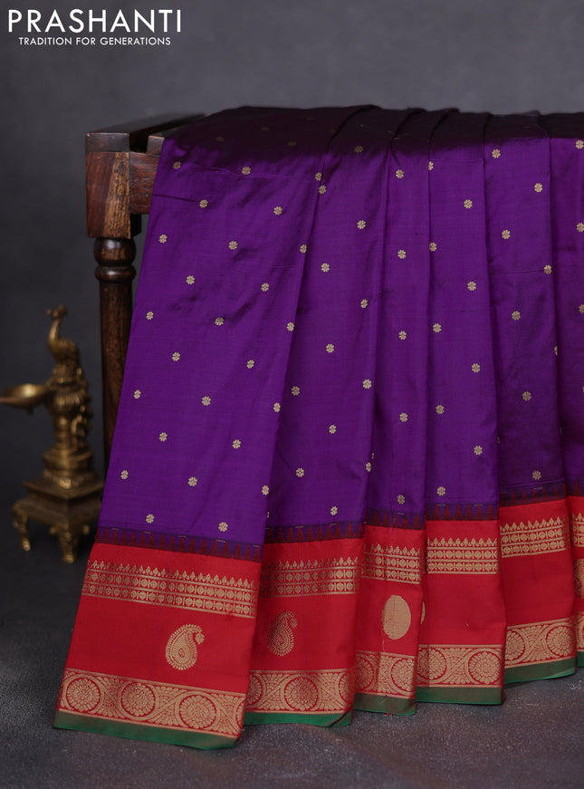 Narayanpet silk saree purple and red with allover zari woven buttas and rettapet zari woven butta border