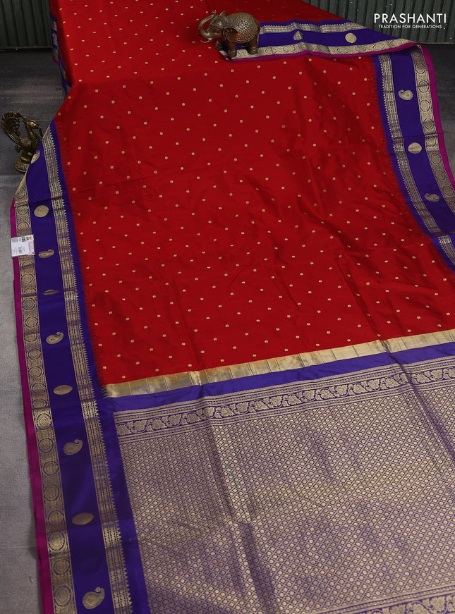 Narayanpet silk saree red and blue with allover zari woven buttas and rettapet zari woven butta border